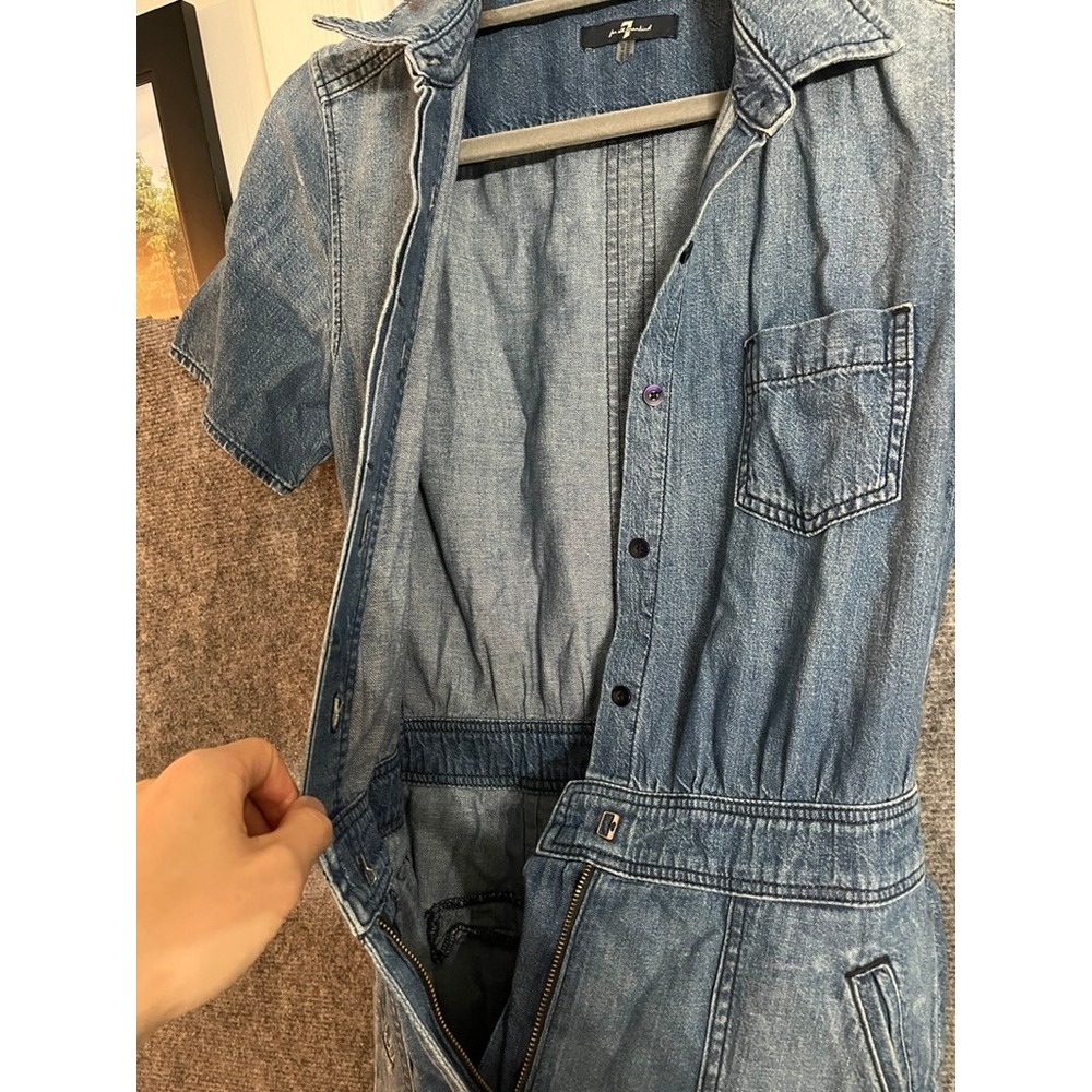 Vintage 7 For All Mankind Denim Jumpsuit Cropped Wide Leg Belted Short Sleeve S - Picture 7 of 16